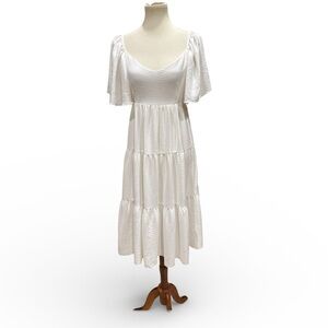 SHY + SKY White Tiered Midi Dress Back Cross Tie Size Medium New